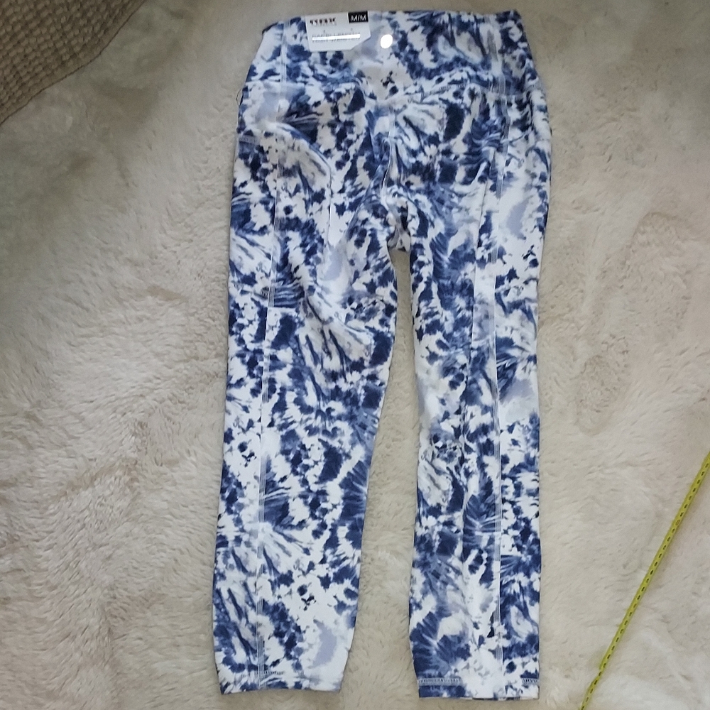 RBX Capri Length High Waisted Leggings Style CR6947R Blue White Tie Dyed NWT M - Picture 2 of 8